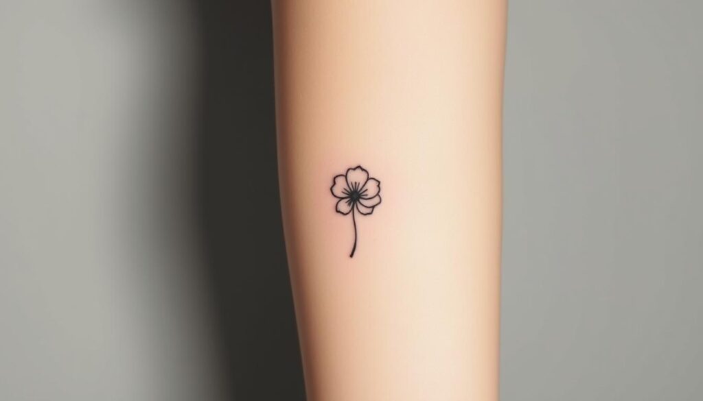 A delicate minimalist floral tattoo design, featuring a single, graceful line-drawn flower with soft, flowing petals. The composition is centered and balanced, with the flower's form taking up the majority of the frame. The lighting is soft and diffused, casting gentle shadows that accentuate the simplicity and elegance of the design. The background is a muted, neutral tone, allowing the tattoo to stand out subtly yet impactfully. The overall aesthetic evokes a sense of tranquility and understated beauty, perfect for a small, subtle tattoo that makes a refined statement.