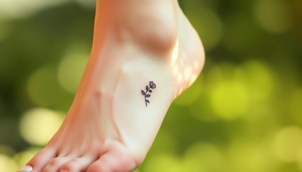 A delicate, minimalist foot tattoo design on a woman's foot, featuring a small, girly floral motif. The tattoo is placed on the top of the foot, with a focus on the intricate linework and subtle shading. The foot is shown in a natural, relaxed position, with soft natural lighting illuminating the skin and highlighting the intricate details of the tattoo. The background is hazy and blurred, keeping the attention on the beautifully executed tattoo design.