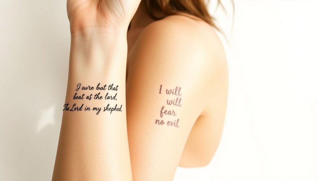 A delicate, minimalist illustration of intricate Bible verse tattoo designs for women, featuring serene and comforting passages like "The Lord is my shepherd" and "I will fear no evil." Captured in a soft, natural lighting, the tattoos are depicted on the smooth, feminine skin of the forearm, wrist, and shoulder. The middle ground showcases the intricate line work and elegant calligraphy of the chosen verses, conveying a sense of faith, protection, and inner strength. The background is a muted, pastel-toned canvas, allowing the tattoos to be the central focus, radiating a sense of tranquility and resilience.