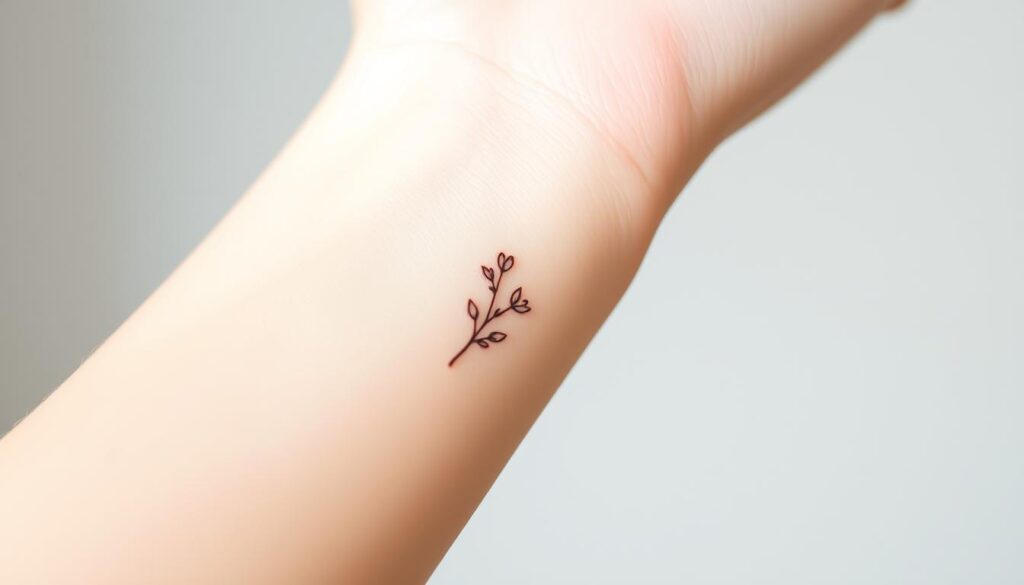 A delicate, minimalist small tattoo design featuring a dainty floral motif against a soft, hazy background. The design is rendered in fine, precise lines with a subtle gradient effect, creating a sense of depth and elegance. The tattoo is placed on the inner wrist or behind the ear, accentuating the feminine and intimate nature of the design. Soft, diffused lighting casts a gentle glow, highlighting the intricate details and the natural, organic feel of the tattoo. The overall impression is one of understated beauty, making this the perfect small tattoo for the modern, stylish girl.