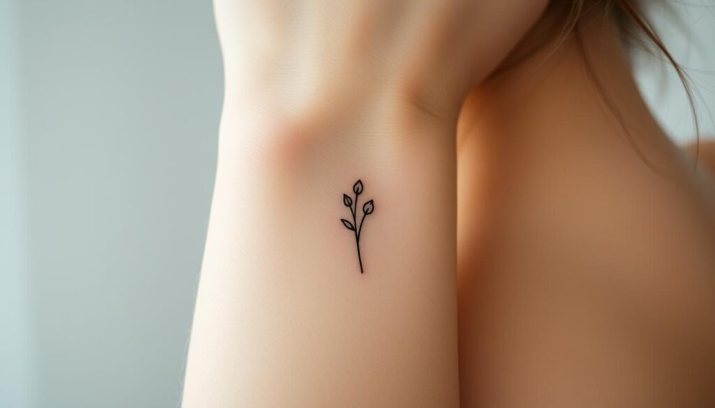 A delicate, minimalist small tattoo design featuring a simple line art illustration of a graceful floral motif or botanical element. The design should be depicted in a soft, muted color palette, perhaps shades of gray or pastel tones, to convey a subtle, feminine aesthetic. The tattoo should be shown on the skin in a flattering, natural-looking placement, such as the wrist, behind the ear, or on the back of the neck, to highlight its dainty, understated beauty. Capture the design with a close-up, high-resolution camera angle that emphasizes the fine detail and elegance of the tattoo. Aim for a serene, calming mood that reflects the thoughtful, personal nature of a small, meaningful tattoo.