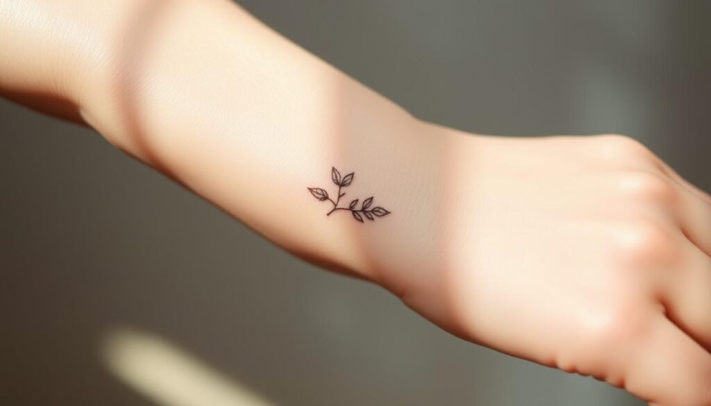 A delicate minimalist tattoo design featuring a fine line, single-needle sketch of a small, elegant floral or leaf motif. The tattoo is placed on the inner wrist, forearm, or behind the ear, creating a subtle, understated aesthetic. The tattoo is rendered in a soft, muted palette, with the linework appearing almost ink-washed. The lighting is diffused and gentle, casting a soft, natural glow on the skin. The composition frames the tattoo in a close-up, allowing the fine details and minimalist elegance to be the focal point. The overall mood is one of simplicity, refinement, and a touch of bohemian charm.