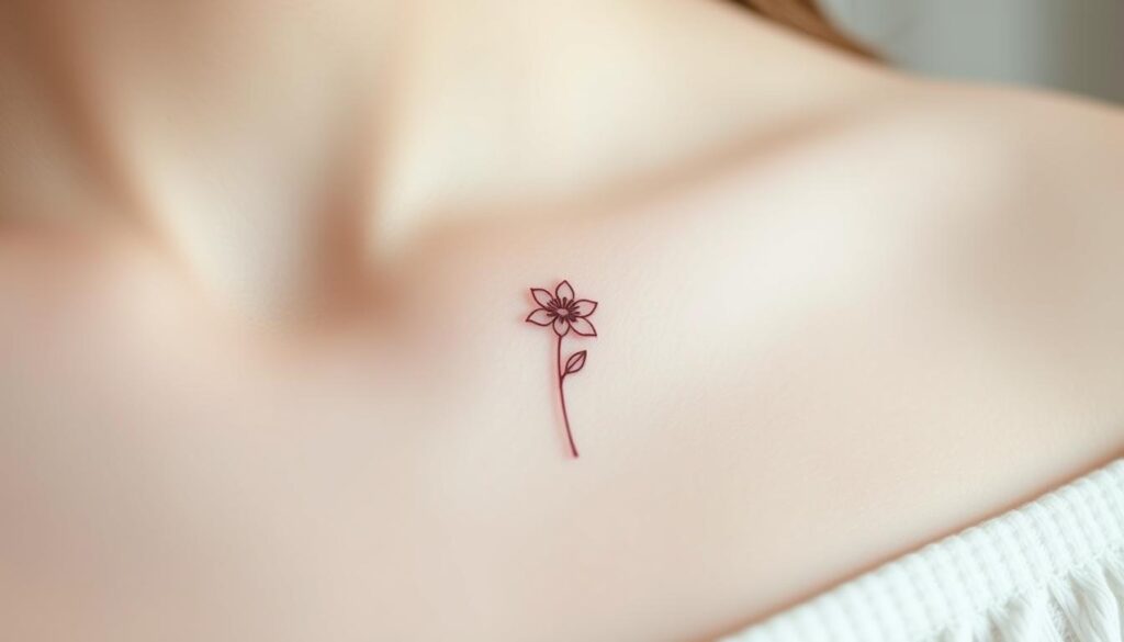 A delicate, minimalist tattoo design featuring a simple line-art floral motif, rendered in a soft, muted color palette. The tattoo is depicted in a close-up, high-resolution view, capturing the intricate details and clean, minimalist aesthetic. The lighting is soft and diffused, creating a subtle, ethereal atmosphere that highlights the understated beauty of the design. The overall composition emphasizes the graceful, feminine nature of the tattoo, making it an ideal choice for a young woman seeking a small, tasteful body art piece.