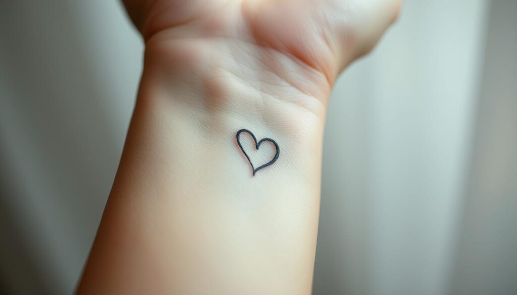 A delicate, minimalist tattoo design featuring a whimsical, hand-drawn heart motif, nestled on the inner wrist against a soft, blurred background. The tattoo is rendered in a delicate, fine-line style with a subtle gradient effect, creating a sense of depth and dimension. The overall composition conveys a sense of intimacy, tenderness, and personal significance, reflecting the appeal of a small, yet meaningful, tattoo. The lighting is soft and diffused, casting a warm, inviting glow on the design. The camera angle is a close-up, emphasizing the intricate details and the intimate placement of the tattoo.