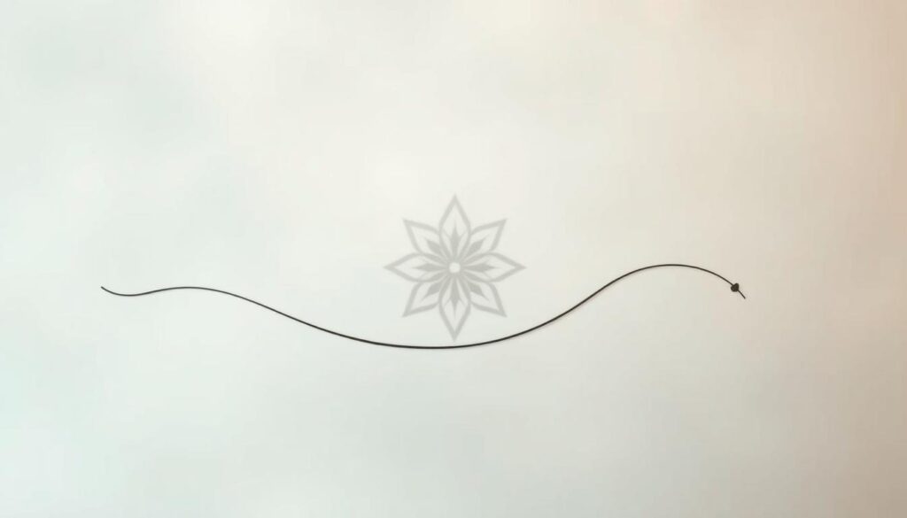 A delicate, minimalist tattoo design inspired by nature and abstract art. In the foreground, a graceful, curving line forms the central motif, with subtle shading and textures adding depth and dimension. In the middle ground, an intricate, geometric pattern emerges, inspired by the patterns found in leaves, flowers, and other organic forms. The background is hazy and atmospheric, with a soft, muted palette evoking a sense of tranquility and elegance. The lighting is soft and diffused, creating a subtle, ethereal glow that highlights the fine details and delicate linework of the design. The overall composition is balanced and harmonious, conveying a sense of thoughtful, sophisticated artistry.