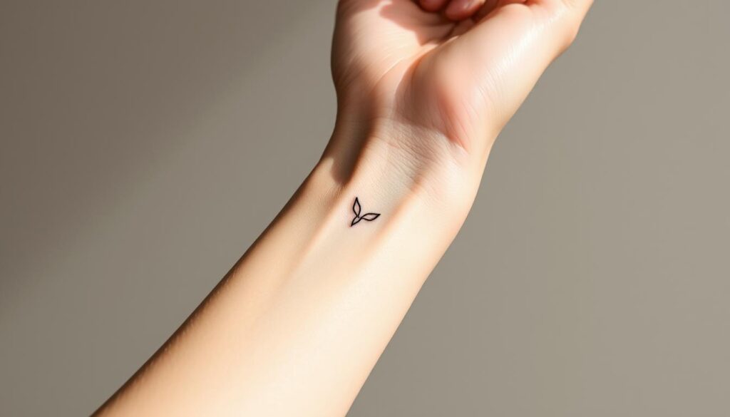 A delicate, minimalist tattoo on a slender, feminine wrist. The design is a simple line drawing of a meaningful symbol or icon - perhaps a bird in flight, a compass rose, or a botanical motif. The tattoo is crisp and clean, with soft, natural lighting that highlights the fine details. The background is a plain, muted tone, allowing the tattoo to be the focal point. The overall mood is one of quiet contemplation and personal significance, reflecting the power and meaning that can be conveyed through a small, thoughtful design.