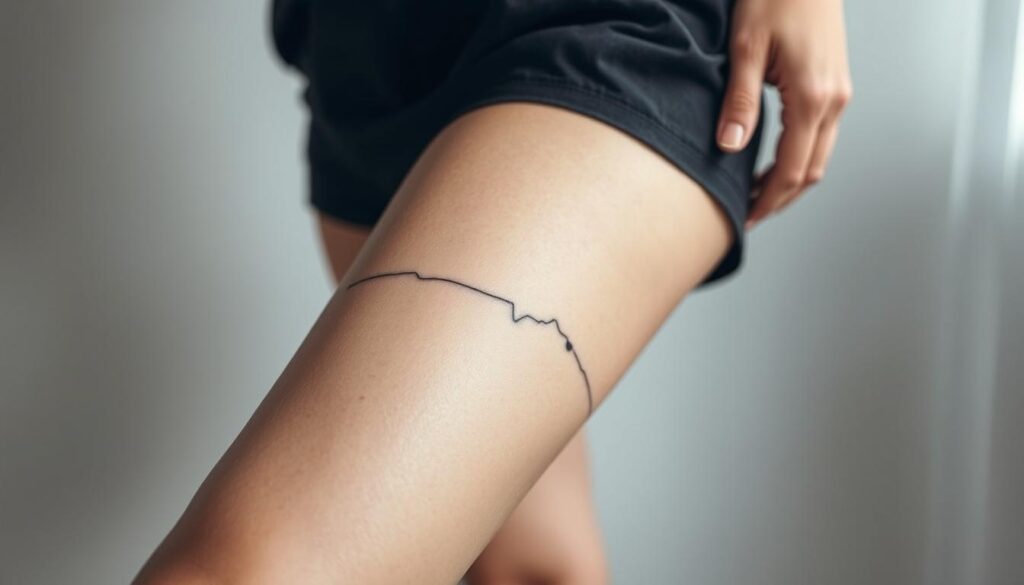 A delicate, minimalist thigh tattoo design with a sleek, feminine aesthetic. A single, graceful line or abstract shape in muted shades of gray or black, subtly accentuating the natural curves of the leg. Soft, diffused lighting casts gentle shadows, highlighting the intricate details of the tattoo. The composition emphasizes the simplicity and elegance of the design, captured from a low, slightly angled perspective to showcase the tactile, intimate nature of the body art. An understated, sophisticated visual representation of the minimalist thigh tattoo inspiration.