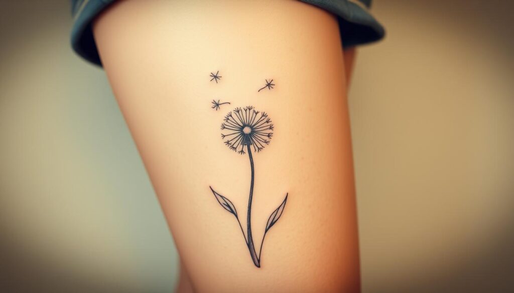 A delicate nature-inspired thigh tattoo design, featuring a detailed line drawing of a wispy dandelion flower blossoming amidst wispy grass and delicate leaves. The design has a soft, hand-drawn aesthetic with subtle shading and textures, conveying a sense of organic growth and gentle movement. The tattoo is depicted on a realistic-looking thigh, with a slightly warm, diffused lighting that creates a dreamy, ethereal atmosphere. The overall composition is balanced and visually appealing, capturing the essence of a simple yet captivating nature-themed thigh tattoo.