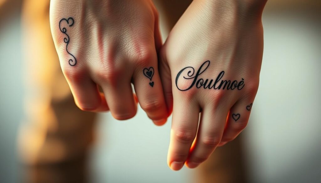 A delicate pair of soulmate tattoos, intricately entwined, symbolizing an eternal bond. In the foreground, two hands clasp together, fingers intertwined, the skin canvas bearing intricate patterns and cursive script that whispers of undying love. Soft lighting casts a warm, romantic glow, highlighting the fine lines and delicate shading. In the middle ground, the tattoos continue up the arms, swirling and merging into a seamless design that ebbs and flows like the tides of a shared life. The background is a hazy, dreamlike blur, allowing the focus to remain solely on the profound significance of these everlasting symbols of soulmate connection.