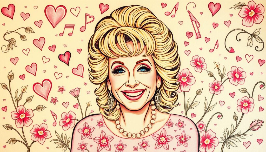 A delicate pastel tattoo canvas, adorned with symbols and styles that pay homage to the legendary Dolly Parton. In the foreground, a vibrant, stylized portrait of Dolly, her iconic bouffant hairstyle and warm smile radiating with a soft, dreamy glow. Surrounding her, an intricate pattern of pastel-hued hearts, music notes, and other meaningful motifs that capture the essence of her artistry and persona. In the middle ground, a whimsical array of pastel-tinted flowers and leaves, their delicate petals and stems curling and intertwining to create a lush, enchanting backdrop. The overall composition is bathed in a warm, ethereal light, evoking a sense of nostalgia and reverence for Dolly's enduring impact on music, fashion, and popular culture.