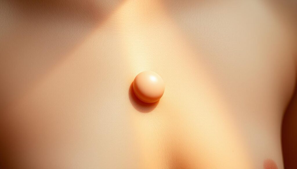 A delicate, realistic close-up of a newly reconstructed nipple and areola on fair skin. The nipple is central, slightly raised, with a defined circular areola surrounding it. The skin texture appears soft and natural, with subtle variations in tone and hue. Warm, diffused lighting from the side accentuates the three-dimensional form, creating gentle shadows and highlights. The composition is tightly framed, filling the frame, with a clean, uncluttered background that allows the reconstructed feature to be the sole focus.