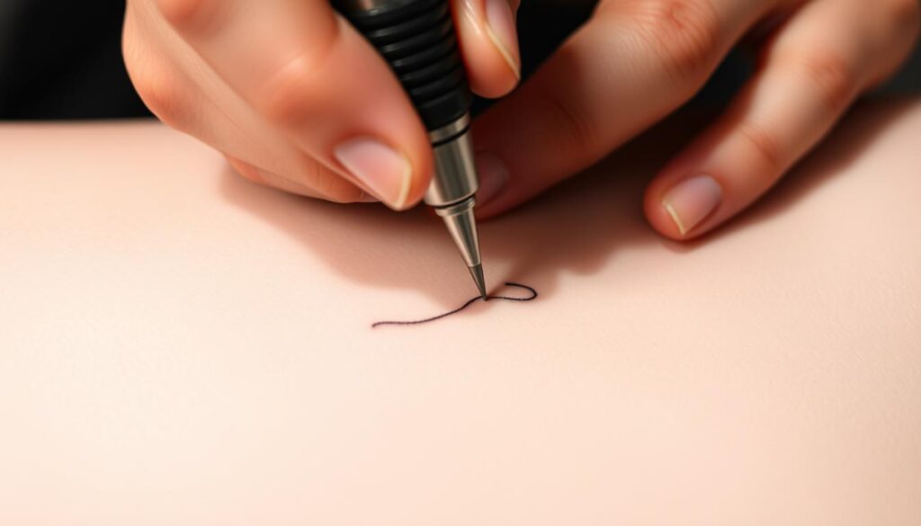 A delicate, single-needle tattoo being applied to pale, unblemished skin. The artist's hand, holding the tattoo machine with precision, casts a soft shadow across the canvas. The design is a minimalist, fine-line pattern that flows gracefully, conveying a sense of tranquility and timelessness. The lighting is diffused, creating a serene atmosphere, while the angle captures the focused, meticulous nature of the technique. The resulting image should embody the essence of a minimalist, fine-line tattoo, showcasing the skill and artistry of the single-needle approach.