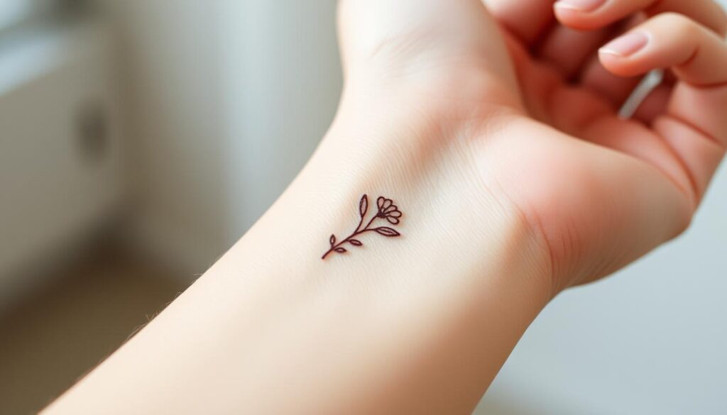 A delicate small tattoo on a woman's wrist, elegant and meaningful. The design features a minimalist floral motif, with fine lines and subtle shading, creating a beautiful and understated piece of body art. The tattoo is captured in soft, natural lighting, showcasing its intricate details and the smooth, unblemished skin it adorns. The angle is close-up, emphasizing the intimate and personal nature of the tattoo. The overall mood is one of quiet contemplation and the inherent beauty found in simplicity.