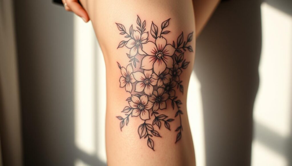 A delicate wrap-around knee tattoo design, featuring a meticulously rendered floral motif. The intricate petals and leaves cascade elegantly across the knee, blending seamlessly with the natural contours of the skin. Soft, diffused lighting casts gentle shadows, highlighting the tactile quality of the linework and the depth of the colors. The overall composition exudes a sense of organic harmony, with the tattoo appearing as if it has naturally grown upon the subject's body. A visually striking yet subtly feminine aesthetic, perfectly suited for the "Wrap-Around Knee Tattoo Concepts" section.