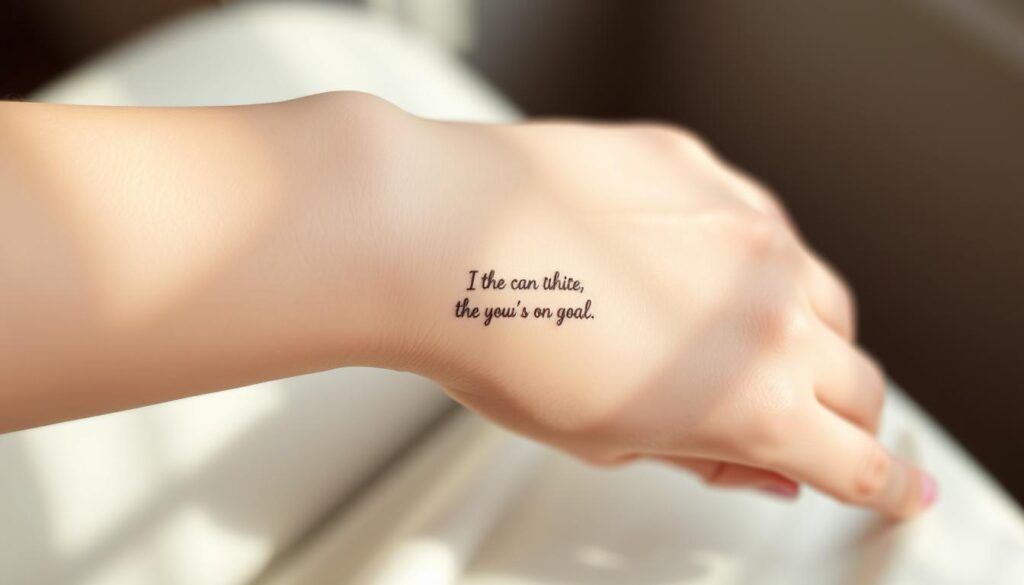 A delicate wrist adorned with a small, elegant tattoo of a thoughtful quote. The skin is softly illuminated, capturing the intricate design with a warm, natural lighting. The tattoo is placed in a subtle, yet captivating position, drawing the eye to its simple beauty. The composition highlights the minimalist appeal of a small quote tattoo, emphasizing its ability to convey deep meaning through its understated presence. The overall atmosphere is one of tranquility and personal significance, reflecting the appeal of this meaningful form of self-expression.