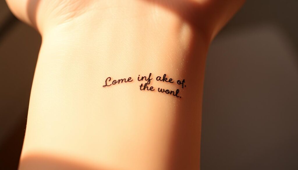 A delicate wrist with soft, glowing skin, adorned by a meaningful tattoo in elegant calligraphy. The tattoo design is minimalist yet powerful, capturing a deeply personal quote or phrase that inspires and uplifts. The lighting is warm and natural, casting a gentle glow across the skin. The angle is close-up, highlighting the intricate details of the tattoo and the tranquil beauty of the moment. The overall mood is one of contemplation, introspection, and the profound significance of personal expression through body art.