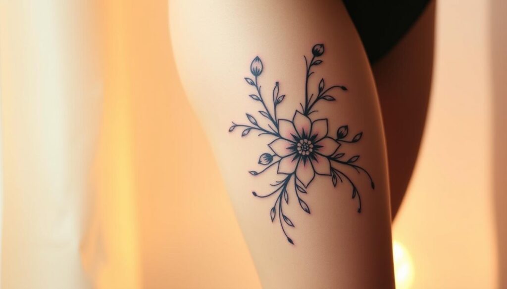 A delicate yet captivating thigh tattoo design graces the skin, showcasing intricate floral motifs and graceful lines. The artwork is elegant and feminine, with a mix of bold and delicate elements that create a visually stunning composition. The tattoo is set against a softly lit, pristine background, bathed in a warm, golden glow that accentuates the intricate details and shades of the design. The overall scene exudes a sense of refined beauty, capturing the essence of a "Feminine Classy Thigh Tattoos: A Celebration of Elegance".