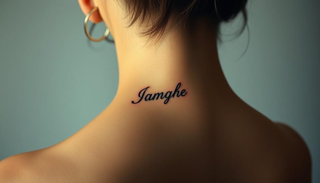 A delicate yet powerful name tattoo gracing the nape of a model's neck. The skin is smooth and supple, the lines of the letters crisp and elegant, perfectly balanced against the graceful curve of the neck. Soft, directional lighting accentuates the intricate design, creating subtle shadows that add depth and dimension. The model's gaze is serene, exuding a sense of personal significance and quiet confidence. The backdrop is a minimalist, neutral environment, allowing the tattoo to be the central focus. An intimate, meaningful portrait capturing the essence of a name neck tattoo.