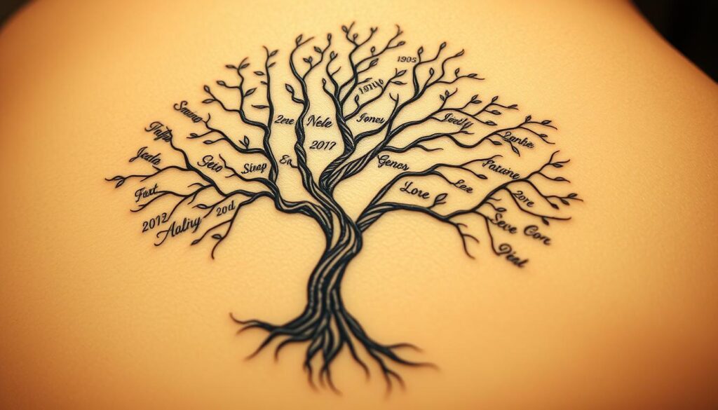 A delicately detailed family tree tattoo design, showcasing intertwining branches adorned with names and dates. The composition features a central tree silhouette, its roots and limbs meticulously rendered. Surrounding the tree are small, elegant cursive script elements, seamlessly integrated into the organic design. The lighting is soft and diffused, creating a warm, intimate atmosphere. The angle is slightly angled, allowing the viewer to appreciate the intricate linework and sense of depth. The overall mood is one of cherished memories, personal history, and the enduring bonds of family.