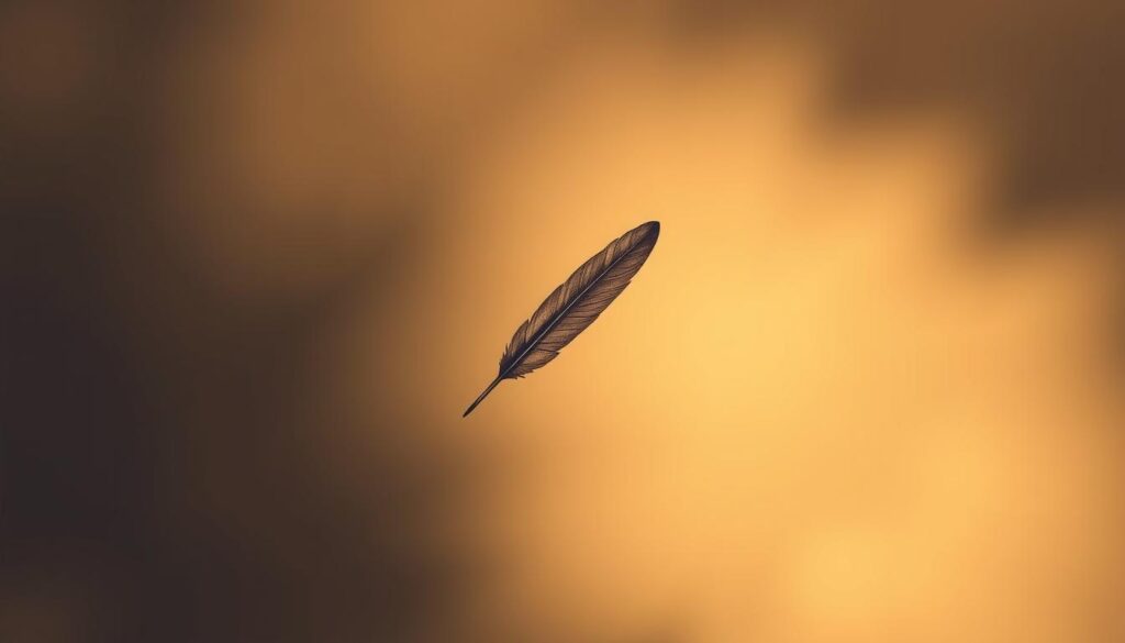 A delicately rendered memorial tattoo design, featuring a single, solitary feather floating against a softly blurred, ethereal background. The feather, rendered in intricate, realistic detail, casts a gentle shadow, capturing the tranquil, reflective mood. The lighting is muted, with a warm, golden hue, creating a sense of serenity and reverence. The composition is balanced, with the feather positioned slightly off-center, drawing the eye to its serene presence. The overall aesthetic is minimalist and understated, emphasizing the personal, heartfelt nature of a memorial tattoo.