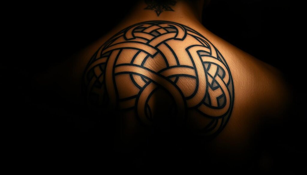 A detailed Celtic knot tattoo design, rendered in intricate line work against a dark, moody background. The knot pattern is intricate and symmetrical, with delicate flourishes and curving lines that intertwine gracefully. The lighting is dramatic, casting deep shadows and highlights that accentuate the depth and complexity of the design. The overall atmosphere is one of ancient mysticism and spiritual significance, evoking the rich cultural heritage of Celtic art and symbolism. The image is shot from a low angle, emphasizing the power and permanence of the tattoo as a form of personal expression.
