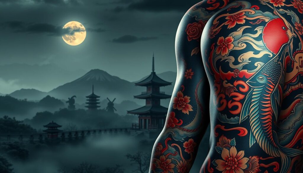 A detailed Japanese-style tattoo sleeve with bold, vibrant designs. The foreground features intricate koi fish, dragons, and traditional Japanese motifs like cherry blossoms and waves. In the middle ground, a composition of Hannya masks, Oni demons, and Samurai warriors emerges from a hazy mist. The background is a moody, atmospheric landscape with a distant pagoda, mountains, and a full moon casting a soft, ethereal glow. The lighting is dramatic, with deep shadows and highlights that accentuate the depth and texture of the tattoo designs. Rendered in a hyper-realistic style with a cinematic, immersive quality.