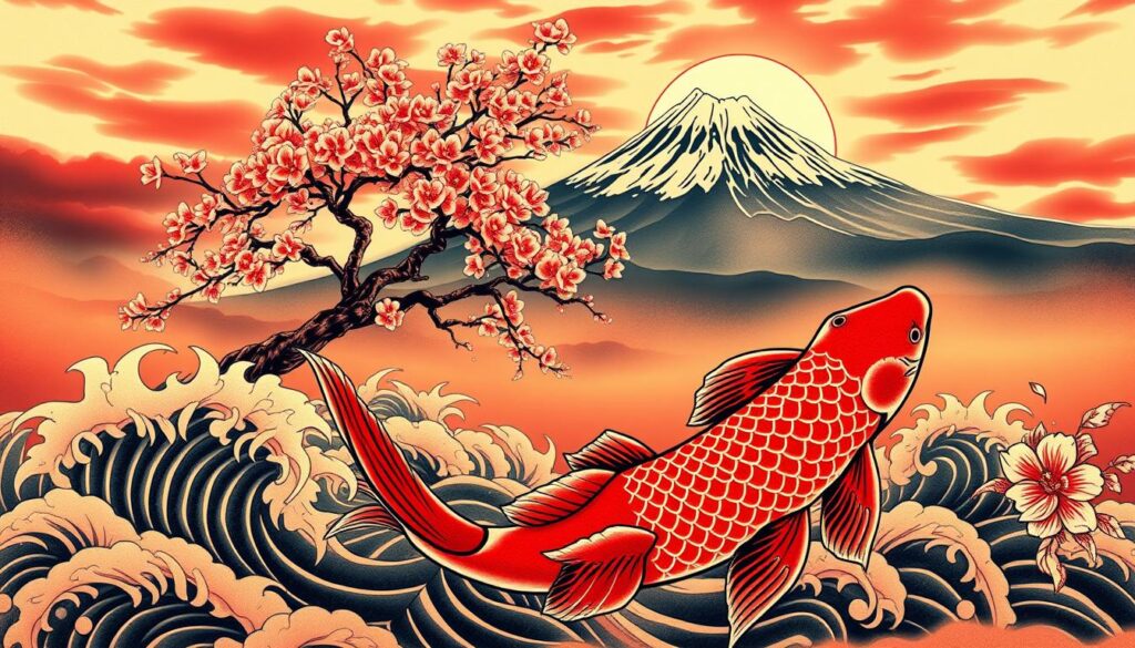 A detailed Japanese tattoo sleeve design with intricate, traditional motifs. In the foreground, a vibrant red koi fish swimming through swirling waves, its scales shimmering in the light. In the middle ground, a majestic cherry blossom tree in full bloom, delicate petals floating on the breeze. In the background, a looming Mt. Fuji silhouette against a dramatic sky, bathed in warm, golden light. The overall composition exudes a sense of harmony, power, and cultural significance. Rendered with a hyper-realistic, photographic quality and a sharp, high-resolution lens.