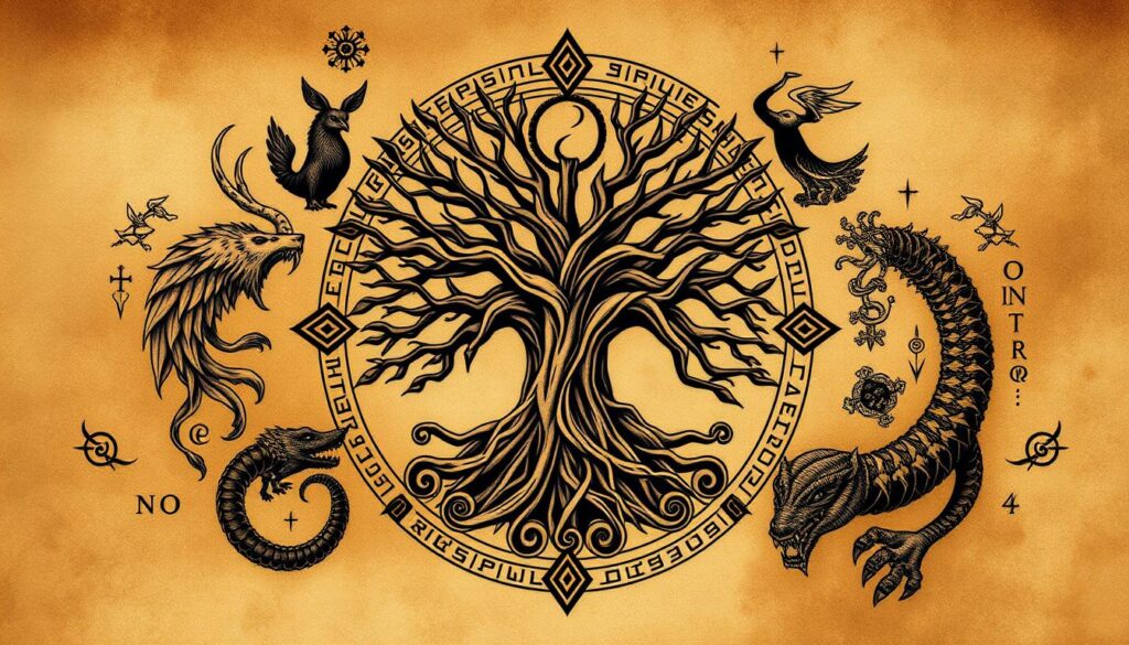 A detailed Norse mythology-inspired tattoo design, featuring a central stylized Yggdrasil (the World Tree) surrounded by intricate Nordic knots, runes, and mythical creatures such as a Valkyrie, a Fenrir wolf, and a Midgard Serpent. The design has a moody, atmospheric quality with warm, earthy tones and dramatic shadows, evocative of the ancient Norse legends. The composition is well-balanced, with the elements arranged in a harmonious, visually striking manner. The overall aesthetic blends traditional Nordic artistic motifs with a modern, tattoo-inspired sensibility.