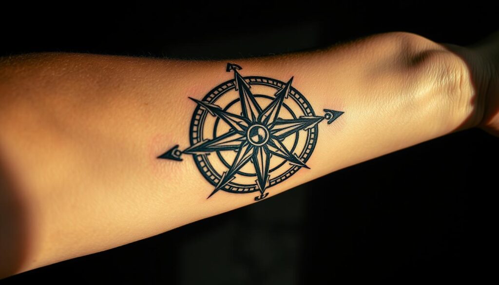 A detailed Norse symbolism tattoo design, featuring a striking Vegvísir compass, intertwined with a Yggdrasil tree of life motif. The artwork is captured in a close-up, high-resolution view, showcasing the intricate, etched linework and subtle shading. The tattoo is placed on a muscular forearm, with a moody, dramatic lighting that casts long shadows, evoking a sense of ancient, mystical power. The overall tone is one of rugged, Nordic minimalism, capturing the essence of Viking culture and heritage.