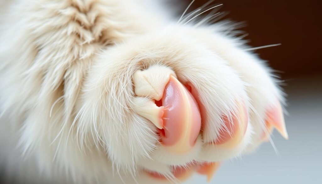 A detailed, anatomical cross-section of a cat's paw, revealing the intricate structure of its claws. The nails are prominently displayed, showcasing the layers of keratin, the quick, and the underlying bone. The paw is shown in a neutral, front-facing position, captured with a macro lens under soft, diffused lighting to highlight the fine textures and subtle colors. The image has a clean, scientific yet visually appealing aesthetic, suitable for illustrating the "Understanding Your Cat's Nail Anatomy" section of the article.