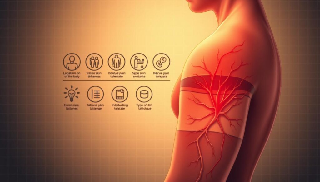 A detailed anatomical illustration depicting the key factors that influence tattoo pain. In the foreground, a cross-section of the skin shows the different layers, highlighting the nerve endings and blood vessels that contribute to the sensation. In the middle ground, a series of icons or symbols represent the pain-influencing factors, such as location on the body, skin thickness, individual pain tolerance, and type of tattooing technique. The background features a muted, clinical atmosphere with a subtle grid or graph pattern, creating a sense of analysis and scientific study. Warm, directional lighting illuminates the illustration, casting subtle shadows to emphasize the depth and structure of the skin. The overall mood is one of informative, educational clarity, guiding the viewer through the complex physiological and contextual aspects of tattoo pain.