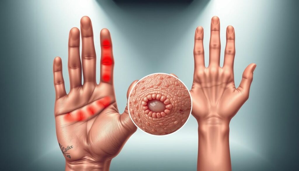 A detailed anatomical illustration depicting the pain levels associated with different hand locations for tattoos. The foreground showcases the palm, fingers, and knuckles, with each area shaded to represent the relative discomfort, from low to high. The middle ground includes a realistic, close-up rendering of skin texture and pores, emphasizing the delicate nature of the hand's sensitive areas. The background features a minimalist, clinical environment with soft, directional lighting to create a sense of medical precision. The overall tone is educational and informative, guiding the viewer through the nuances of hand tattoo pain.