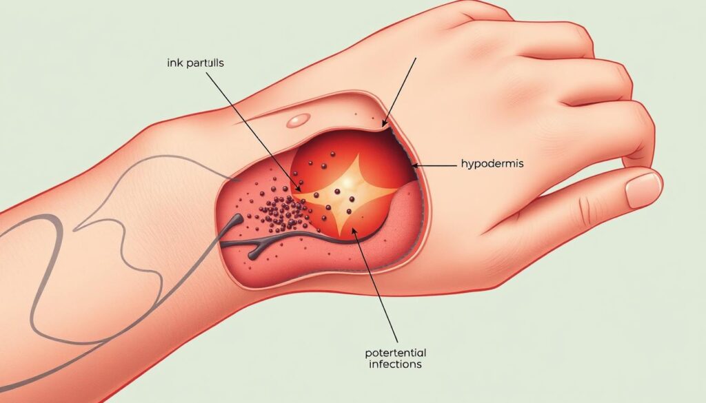 A detailed anatomical illustration depicting the potential health risks associated with tattoos. A minimalist, clean aesthetic with a muted color palette, featuring the close-up cross-section of a tattooed skin area. Prominently showcasing the epidermis, dermis, and hypodermis layers, with clear visualization of ink particles, inflammatory response, and potential infections. Crisp, high-contrast lighting accentuates the textural details. A sense of clinical objectivity, conveying the educational nature of the image. No distracting elements - the focus is solely on communicating the essential medical information.