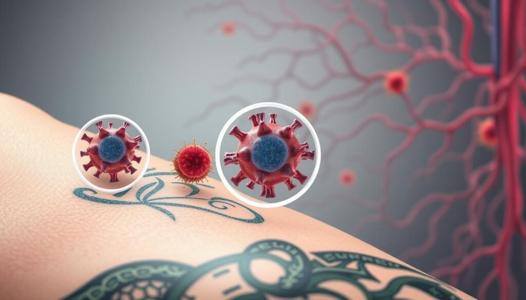 A detailed anatomical illustration of the immune system's reaction to tattoo ink, showcasing the complex biological processes involved. The foreground depicts the skin's epidermis and dermis layers, with a freshly applied tattoo design. In the middle ground, magnified immune cells, such as macrophages and lymphocytes, can be seen engulfing and breaking down the tattoo pigments. The background features a network of blood vessels and lymphatic vessels, highlighting the systemic nature of the immune response. The lighting is soft and diffused, creating a clinical, educational atmosphere. The overall composition and perspective convey a sense of scientific understanding and medical relevance.
