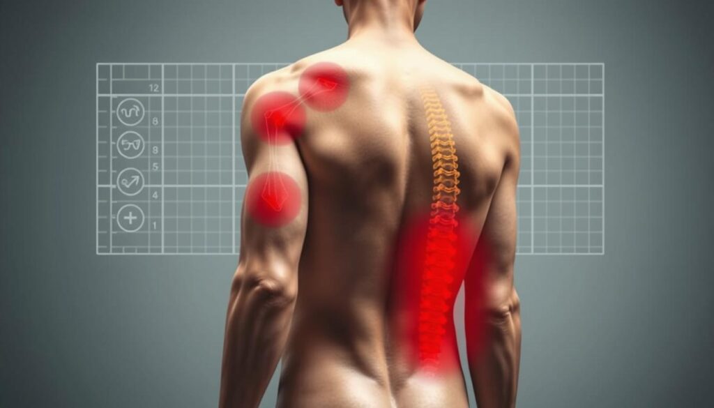A detailed anatomical illustration of the most painful tattoo areas on the human body. The foreground depicts a male figure in a neutral pose, highlighting key pain zones in vivid detail - the ribs, elbow, armpit, spine, and back of the neck stand out in bold colors. The middle ground features a subtle grid overlay, resembling a technical diagram. The background is a muted, sterile medical setting, creating a clinical atmosphere. Soft, directional lighting accentuates the contours and shading, emphasizing the sensitive areas. The overall tone is educational and informative, designed to visually convey the relative pain levels for different tattoo placement locations.