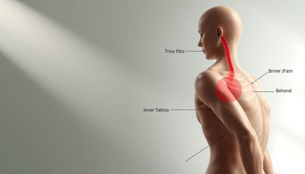 A detailed, anatomical illustration showcasing the key body areas that are most sensitive to tattoo pain. In the foreground, a stylized human figure in a neutral pose, with the vulnerable regions highlighted and annotated, such as the ribs, spine, inner arm, and behind the ear. In the middle ground, a neutral color palette with subtle grid-like lines to suggest a technical, educational approach. The background features a soft, blurred gradient, creating a sense of depth and focus on the central figure. Realistic lighting from an upper left angle casts gentle shadows, emphasizing the contours of the body. The overall mood is informative and clinical, designed to educate readers on the factors that impact tattoo pain tolerance.