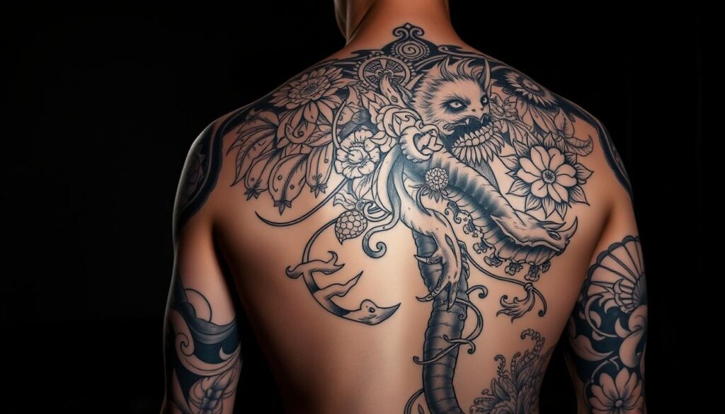 A detailed back tattoo design against a dimly lit background. In the foreground, intricate linework and shading depict a captivating, large-scale tattoo design covering the entire back. The tattoo features a harmonious blend of mythical creatures, symbolic elements, and organic motifs, creating a visually striking composition. In the middle ground, the model's torso is subtly visible, showcasing the natural contours of the body and highlighting the placement and scale of the tattoo. The background is softly blurred, creating a sense of depth and focus on the detailed tattoo work. The lighting is low-key, casting subtle shadows and highlights that accentuate the depth and texture of the design.