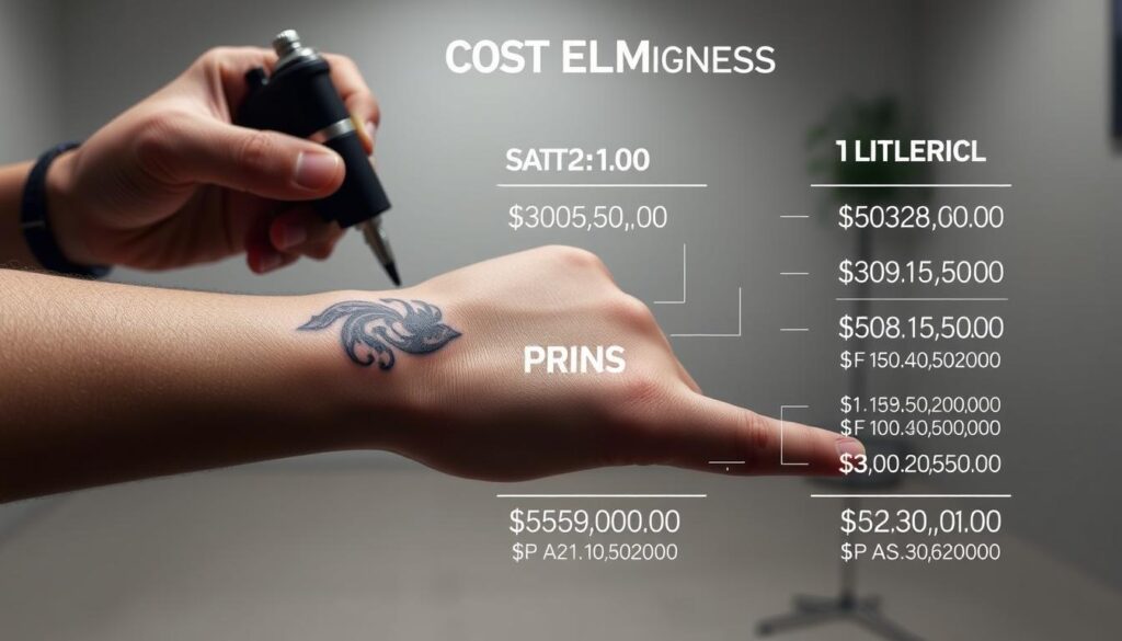 A detailed breakdown of the cost elements for a small, intricate tattoo design on a person's wrist, rendered in a realistic, high-resolution style. The foreground focuses on the tattoo itself, with crisp linework, shading, and coloration showcasing the individual design components and their respective prices. The middle ground depicts the artist's hand holding a tattoo gun, capturing the process of application. The background features a clean, neutral studio setting with subtle highlights and shadows to create depth and a professional atmosphere.