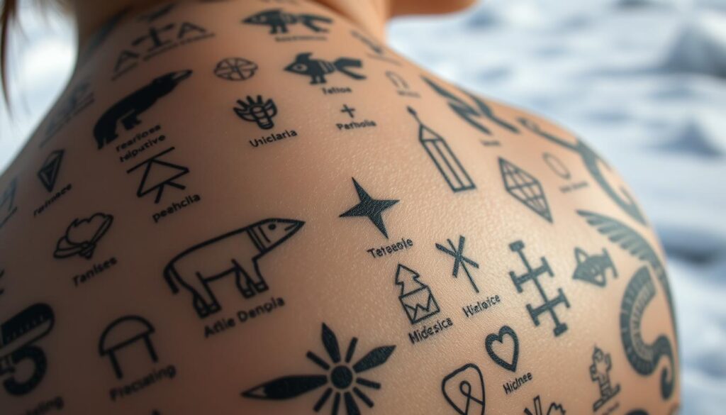 A detailed close-up illustration of traditional Inuit tattoo symbols and terminology, showcasing the intricate, geometric designs and cultural significance. The foreground features various Inuit tattoo motifs such as animals, nature elements, and abstract patterns, rendered in a minimalist, high-contrast style with muted tones. The middle ground provides context, depicting the application of these tattoos on the skin with a delicate, hand-poked technique. The background subtly suggests an icy, Arctic landscape, hinting at the environmental and spiritual connection of these ancient practices. Lit with soft, diffused natural lighting to emphasize the textures and tactile quality of the tattoos. Captured at a slight angle to create depth and draw the viewer's eye into the details.
