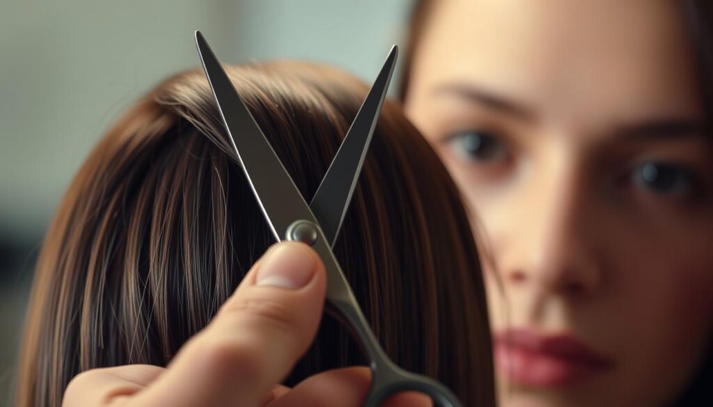 A detailed close-up of a hand gently holding a pair of sharp haircutting scissors, with the tips just grazing a few strands of dark, lush hair. The lighting is soft and diffused, creating a warm, inviting atmosphere. In the background, a blurred image of a person's face, focused on the eyes, reflects a sense of anticipation and focus. The overall composition draws the viewer's attention to the intricate process of preparing for a layered haircut, conveying a sense of expertise and care.
