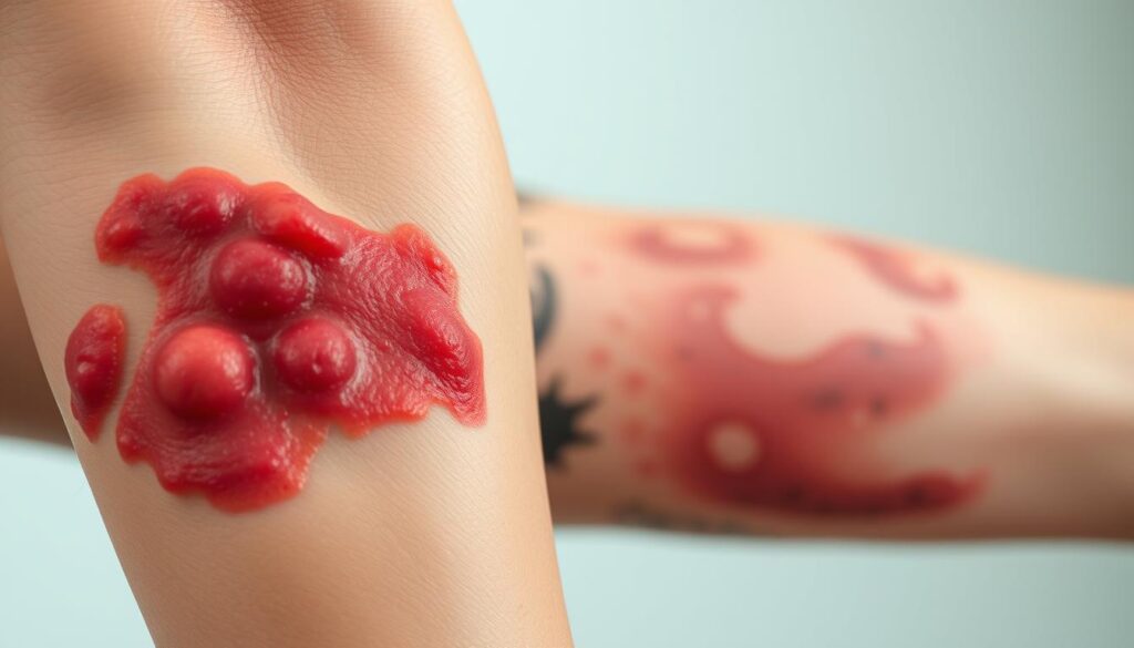 A detailed close-up of a human arm, showcasing the distinct visual differences between a tattoo allergic reaction and a tattoo infection. In the foreground, the skin displays an angry, raised red rash with swollen bumps - the hallmarks of an allergic reaction to the tattoo ink. In the middle ground, the skin appears inflamed, hot to the touch, with pus-filled blisters - clear signs of a developing tattoo infection. The background is softly blurred, emphasizing the focal points. The lighting is natural, slightly diffused, casting subtle shadows to accentuate the textural details. Captured with a high-resolution macro lens to ensure precise visual clarity.