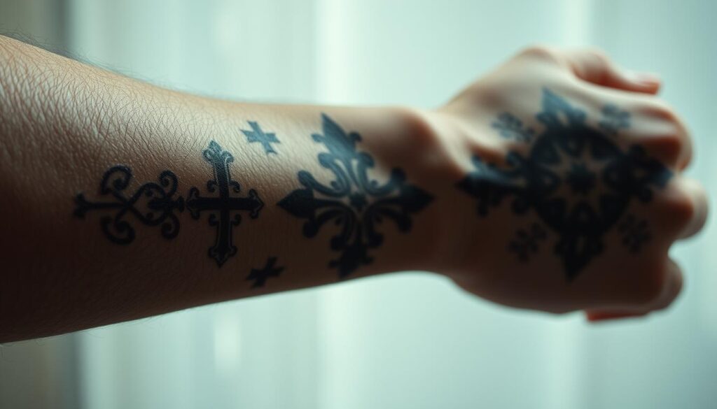 A detailed close-up of a human forearm adorned with intricate religious body art. The skin is textured with a series of symbolic tattoos, including a central cross flanked by ornate patterns and geometric shapes. The lighting is soft and diffused, creating a serene, contemplative atmosphere. The angle emphasizes the tactile qualities of the skin and ink, inviting the viewer to closely examine the deep personal meaning behind each meticulously crafted design. The overall composition conveys a sense of spiritual devotion and the profound connection between the physical body and the divine.
