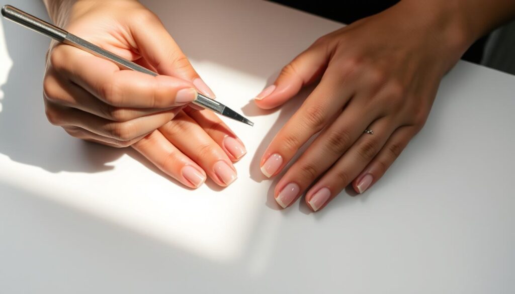 A detailed close-up of a person's hands carefully preparing their natural nails for press-on application. The nails are being filed, buffed, and shaped, with attention paid to cuticle care and nail bed preparation. The hands are positioned on a clean, minimalist surface, bathed in soft, diffused lighting that highlights the intricate textures. The scene conveys a sense of focus, precision, and the importance of proper nail prep for long-lasting, professional-looking press-on nails.