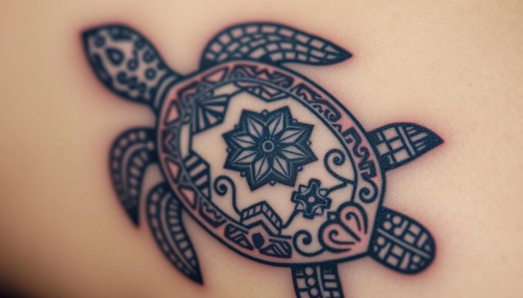 A detailed close-up of a turtle tattoo, showcasing the intricate symbolism and meaning behind it. The design features a turtle with ornate geometric and nature-inspired patterns covering its shell, representing the harmony between the natural world and spiritual realms. The tattoo is rendered in a soft, earthy color palette with gentle lighting, creating a sense of tranquility and thoughtfulness. The composition focuses on the turtle's form, emphasizing its graceful movement and timeless wisdom. The background is blurred, allowing the tattoo to be the central focus, inviting the viewer to contemplate the deeper significance of this meaningful design.