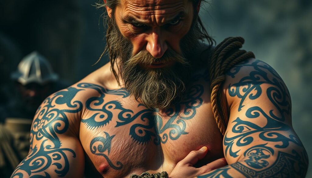 A detailed close-up of ancient Celtic warrior tattoos, featuring intricate swirling patterns, knotwork, and symbols rich in mythological symbolism. The tattoos are prominently displayed on the muscular forearms and torso of a stoic, battle-hardened warrior, his weathered face and piercing gaze exuding an aura of strength and spiritual connection to his ancestral heritage. The lighting is dramatic, casting deep shadows that accentuate the texture and depth of the tattoo designs. The background is hazy and atmospheric, evoking a sense of timelessness and the rugged, untamed landscapes of the ancient Celtic world.