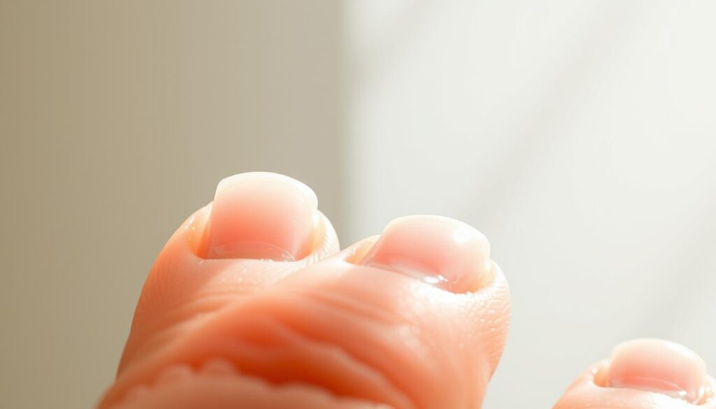 A detailed close-up of human fingernails, showcasing the factors that influence their growth. The nails are set against a blurred, minimalistic background, emphasizing the focus on the nail bed and surrounding skin. Soft, natural lighting from the side creates subtle shadows, highlighting the texture and structure of the nails. The image conveys a sense of scientific inquiry, inviting the viewer to examine the intricate, biological processes that contribute to the rapid growth of healthy nails. The composition and lighting work together to create a visually striking and informative illustration for the article's "Environmental and Lifestyle Factors Affecting Nail Growth" section.