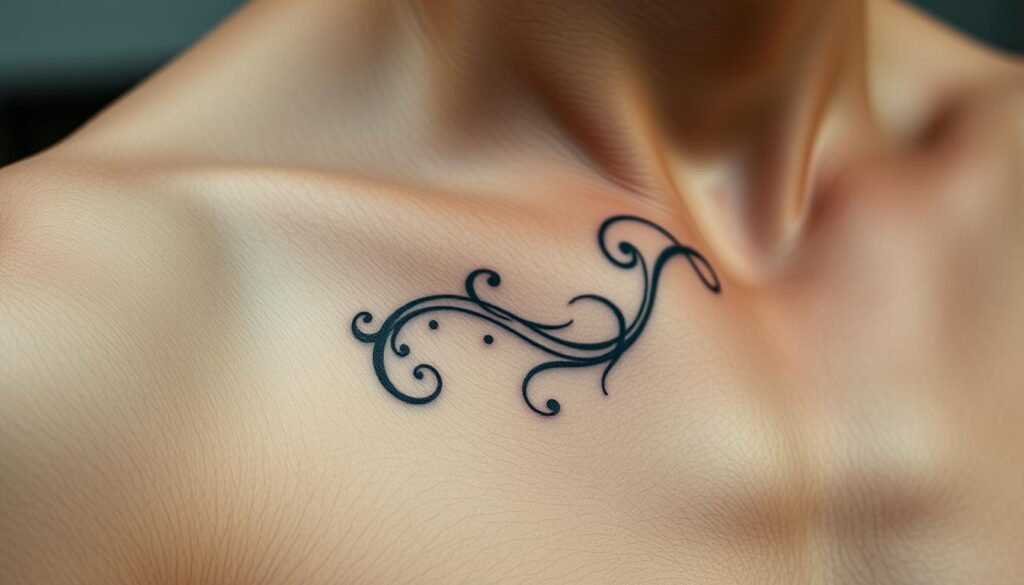 A detailed close-up of human skin, highlighting the intricate patterns of elasticity and tension. The skin appears supple and healthy, with a soft, matte finish. In the middle ground, an intricately detailed tattoo design winds its way across the skin, showcasing how the artwork seamlessly blends with the natural contours and movement of the body. The background is subtly out of focus, placing the emphasis on the interplay between the skin and the tattoo. The lighting is soft and diffused, accentuating the textures and tones of the skin. The overall mood is one of fascination and appreciation for the dynamic relationship between the human body and the art that adorns it.