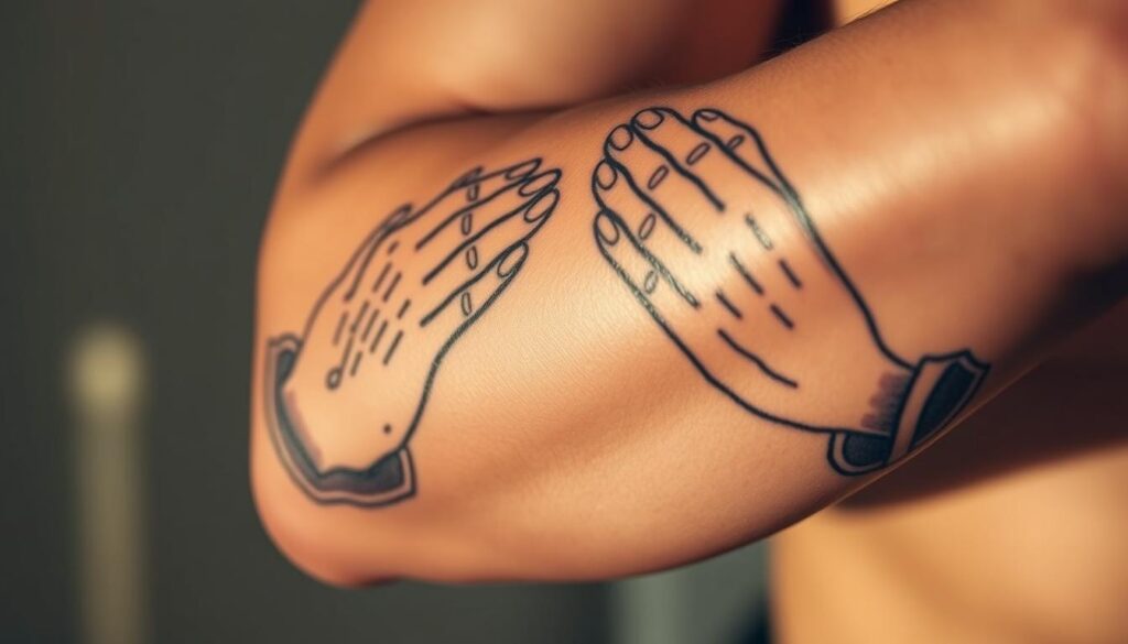 A detailed close-up of intricately designed praying hands tattoos on a muscular forearm, with a soft, warm lighting creating subtle shadows and highlights that accentuate the intricate linework and shading. The hands are depicted in a reverent, supplicating pose, radiating a sense of devotion and spiritual contemplation. The tattoo artwork seamlessly blends religious symbolism with a stylized, artistic aesthetic, creating a visually captivating and emotionally resonant image that captures the essence of the "Praying Hands Tattoos" section of the article.