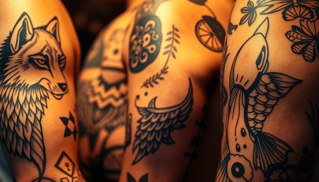 A detailed close-up of symbolic animal tattoos, featuring a striking array of intricately designed ink illustrations. The foreground showcases diverse creatures such as a majestic wolf, a wise owl, and a graceful koi fish, each with distinct patterns and meanings. The middle ground blends seamless transitions between the tattoos, highlighting the cohesive integration of the designs. The background is softly blurred, creating a sense of focus and depth, while the lighting is warm and slightly moody, casting subtle shadows that accentuate the textures and linework of the tattoos. The overall composition evokes a sense of personal expression, cultural significance, and the deep connection between humans and the natural world.