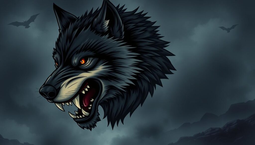 A detailed close-up of the origins of the wolf cut hairstyle trend, featuring a stylized illustration of a snarling wolf's head against a moody, atmospheric backdrop. The wolf's face is rendered in a realistic, detailed manner, with piercing eyes, sharp fangs, and a rugged, textured fur coat. The background is a hazy, dreamlike landscape, with a swirling, ethereal quality that evokes a sense of mystery and the untamed wilderness. The lighting is dramatic, with deep shadows and highlights that accentuate the wolf's fierce, primal features. The overall composition conveys the wild, untamed essence that has inspired the popular wolf cut hairstyle trend.